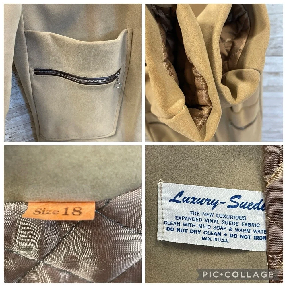 Vintage 60s-70s Womens 18 Coat Mod Tan Faux‎ Suede Peter Pan Collar A-Line USA